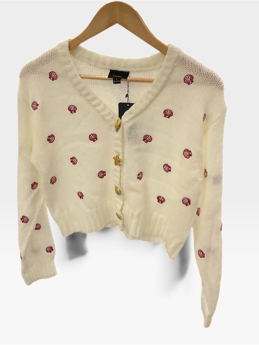 Cream Shell-Embroidered Button Cardigan